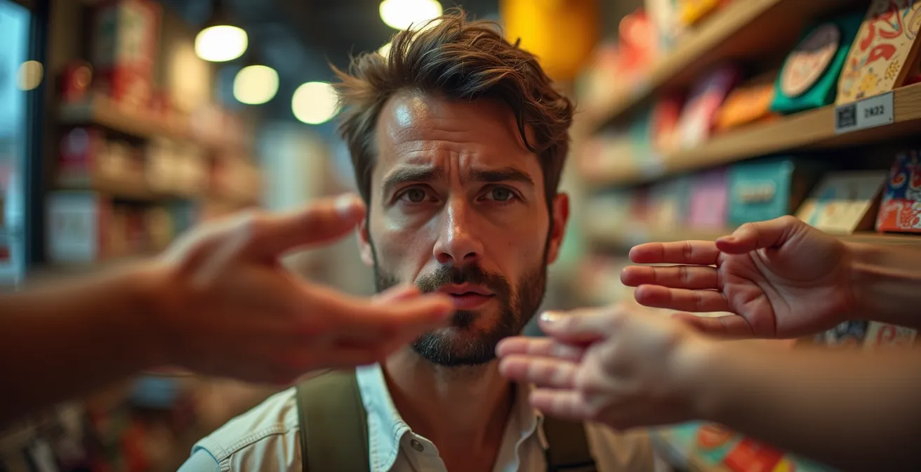 Touriste entouré de vendeurs dans une boutique de souvenirs, l'air mal à l'aise