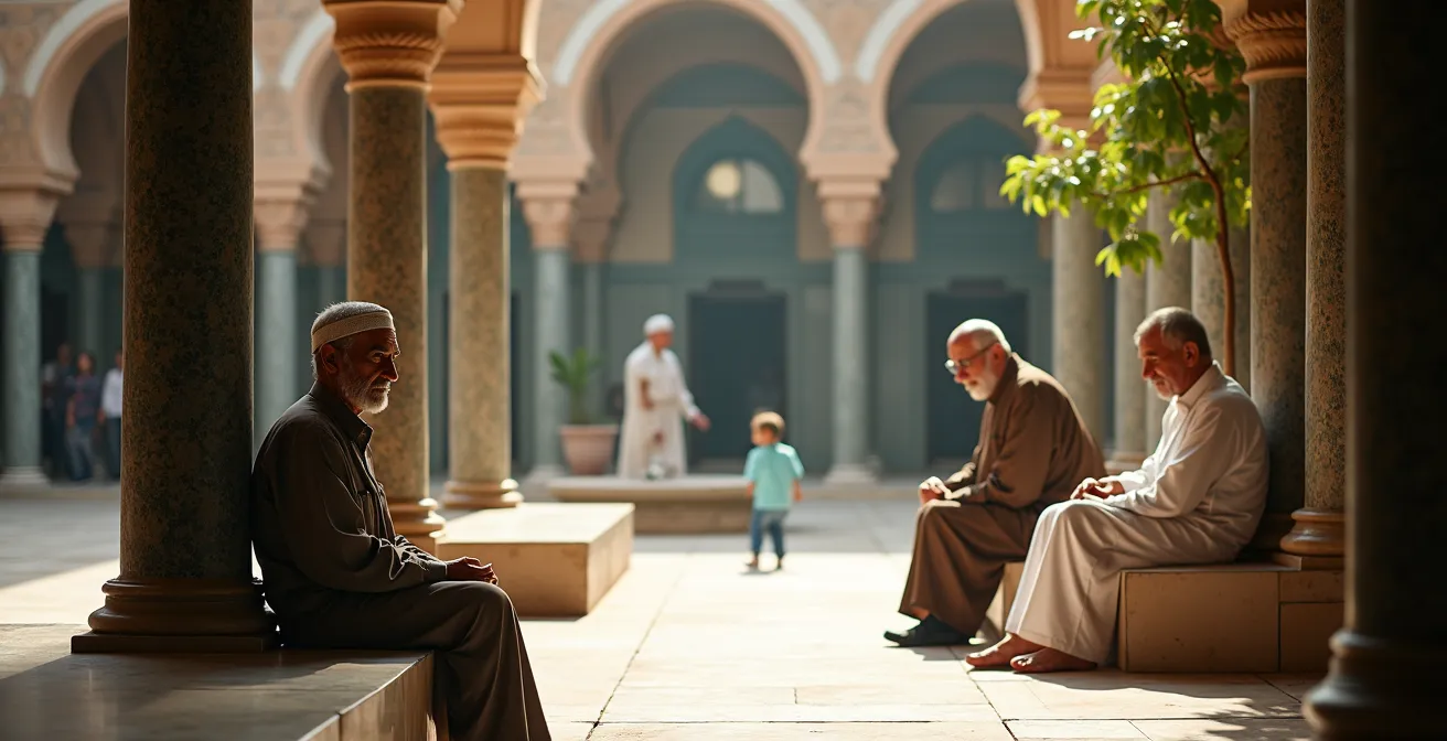 Cour intérieure animée d'une mosquée avec fidèles discutant sous les arcades