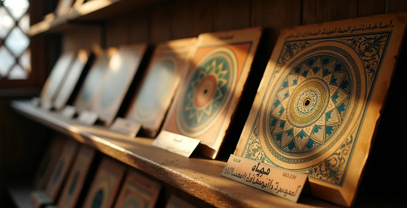 Collection de vinyles anciens de musique malouf exposés dans une boutique de la médina