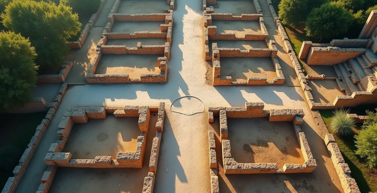 Vue plongeante sur les vestiges géométriques d'une ville romaine avec forum et thermes