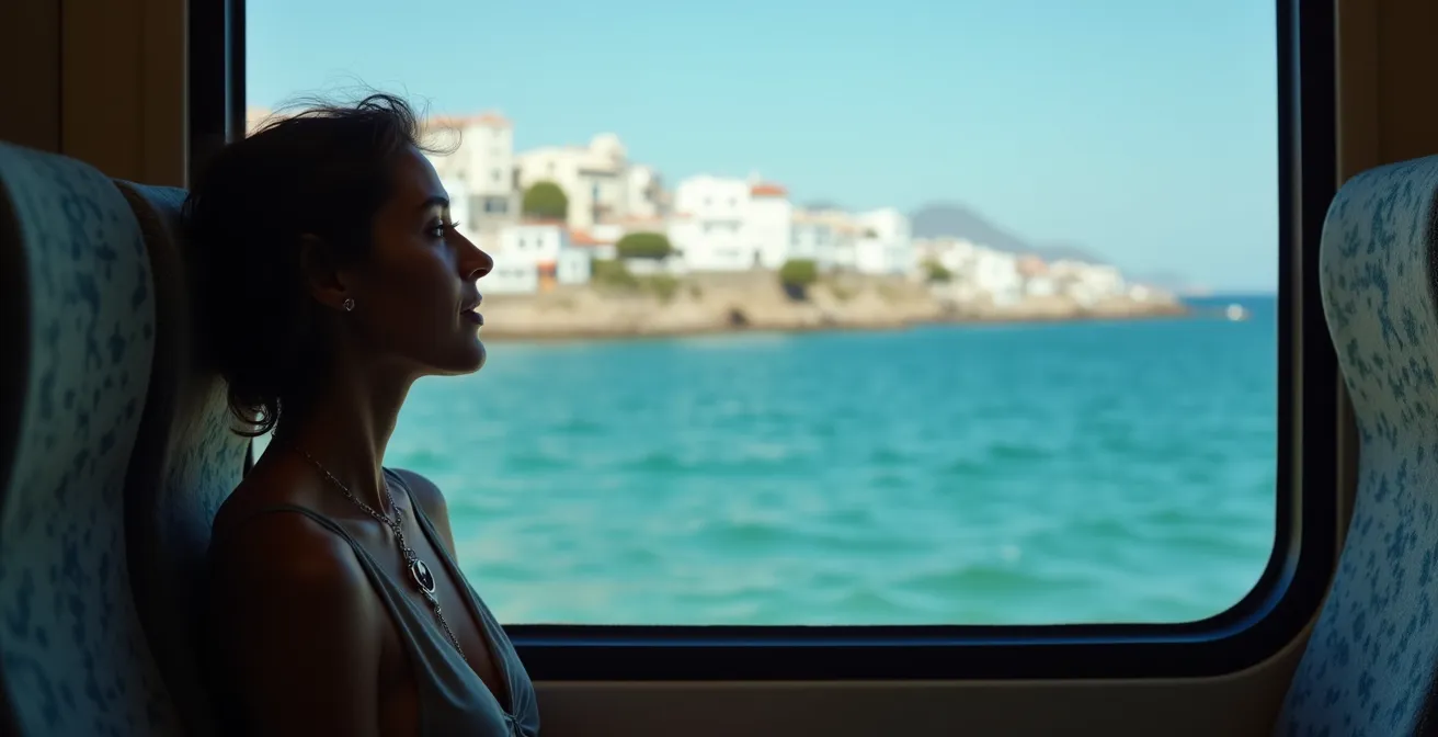 Vue panoramique de la mer Méditerranée depuis la fenêtre d'un train longeant la côte tunisienne