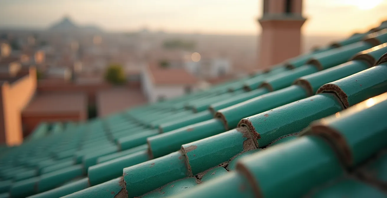 Vue depuis une terrasse de la Médina avec les toits traditionnels et le minaret de la mosquée Zitouna en arrière-plan