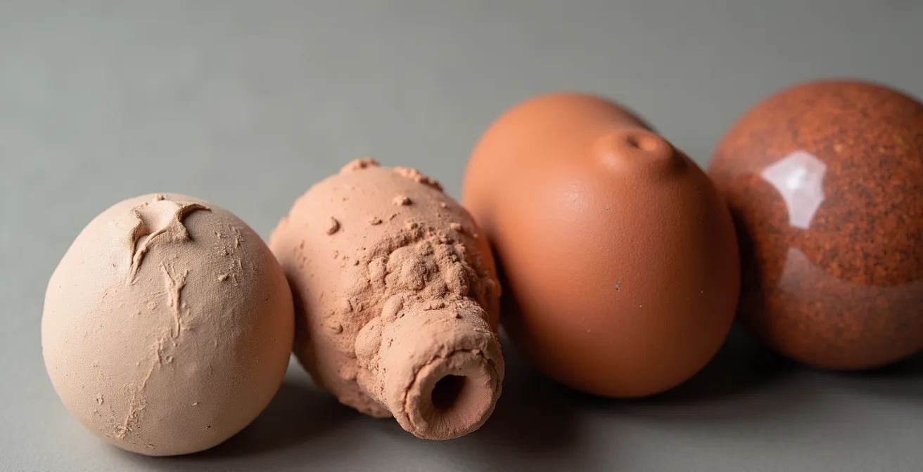 Vue macro des étapes de transformation de l'argile montrant les textures et couleurs à différents stades