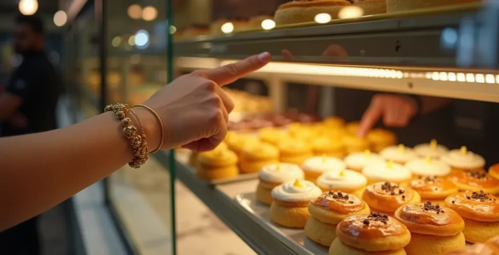 Vitrine élégante d'une pâtisserie tunisienne avec assortiment de gâteaux traditionnels